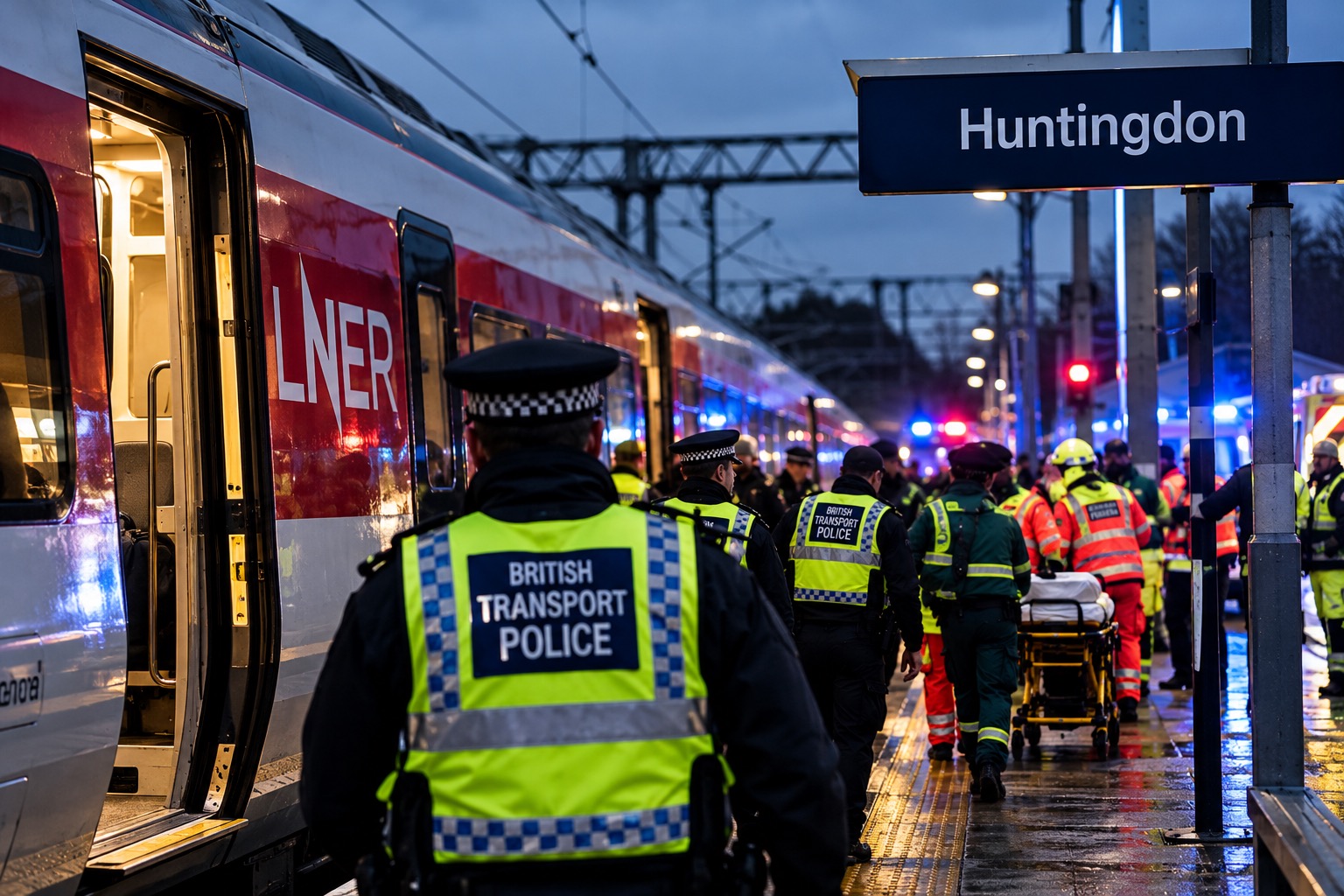 Emergency services and British Transport Police pictured in an illustrative reconstruction of the response to the Huntingdon train stabbing attack, as the accused stands trial at Cambridge Crown Court.