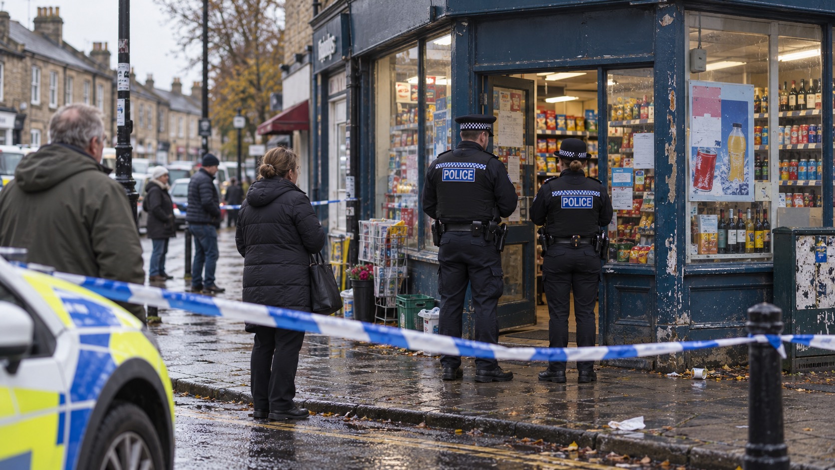 Illustrative scene showing police outside a British corner shop. This does not depict the actual Cirencester incident.